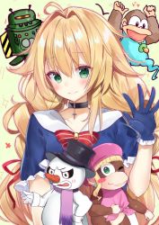 Rule 34 | 2boys, 2girls, ;), ahoge, ape, arms up, beige background, beret, black choker, black eyes, black hat, blonde hair, blue gloves, blue shirt, blush, blush stickers, bow, bowtie, character request, choker, collarbone, commentary request, copyright request, cross, cross choker, dixie kong, donkey kong (series), donkey kong country, donkey kong country 3, earrings, ghost tail, gloves, green eyes, hair between eyes, hair intakes, hair ribbon, hand up, hat, highres, jewelry, kiddy kong, long braid, long hair, looking at viewer, low twintails, multiple boys, multiple girls, natsuki (ukiwakudasai), nintendo, one eye closed, outline, pacifier, pink hat, pink outline, pink shirt, purple scarf, red bow, red neckwear, red ribbon, ribbon, scarf, shirt, short sleeves, simple background, single sidelock, sleeveless, sleeveless shirt, smile, snowman, striped bow, top hat, translation request, twintails, very long hair