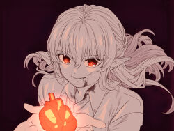 1girl black_background blood blood_on_clothes blood_on_face blood_on_neck braid collared_shirt floating_hair full_body glowing glowing_heart guro hair_between_eyes half_up_braid heart_(organ) highres holding_heart_(organ) letter2lover long_hair original parted_lips pointy_ears red_eyes shirt simple_background slit_pupils smile solo spot_color vampire