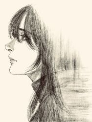 1girl black_hair black_outline from_side greyscale highres long_hair looking_at_viewer monochrome original outline solo tp_p_pt white_background