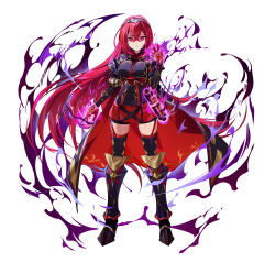 1girl absurdres aura black_cape braid breasts cape crown_braid dark_aura female_alear_(fell_dragon)_(fire_emblem) female_alear_(fire_emblem) female_alear_(red_days_past)_(fire_emblem) fire_emblem fire_emblem_engage fire_emblem_heroes gloves highres kainown medium_breasts nintendo official_art red_cape red_eyes red_gloves red_hair solo thighhighs tiara two-sided_cape two-sided_fabric