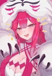 0nineo9 1girl absurdres baobhan_sith_(fate) baobhan_sith_(swimsuit_pretender)_(first_ascension)_(fate) blush breasts cernunnos_(fate) character_hood detached_collar earrings fate/grand_order fate_(series) highres jewelry large_breasts looking_at_viewer open_mouth pink_hair pointy_ears smile solo