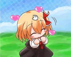 Rule 34 | 1girl, blonde hair, blush, chibi, cursor, female focus, hair ribbon, head pat, headpat, heart, nintendo, parody, pokemon, pokemon-amie, pokemon xy, ribbon, rokugou daisuke, rumia, smile, solo, touhou