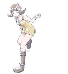 1girl artist_name bare_shoulders boots bracelet breasts brown_boots brown_hair cowlick curly_hair final_fantasy final_fantasy_viii full_body green_eyes jewelry medium_breasts medium_hair michibata_65 necklace overalls selphie_tilmitt solo standing standing_on_one_leg white_background yellow_overalls