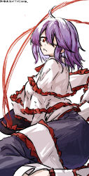 1girl absurdres black_hat black_skirt capelet commentary_request frilled_capelet frilled_shawl frills hat highres long_skirt long_sleeves looking_at_viewer nagae_iku one-hour_drawing_challenge one_eye_closed purple_hair red_eyes shawl short_hair simple_background skirt solo touhou unworn_hat unworn_headwear ve1024 white_background white_capelet