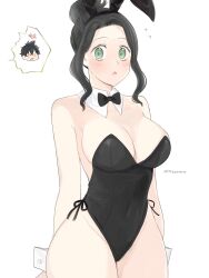 1girl :o bare_shoulders black_clover black_hair blush bow bowtie charmy_pappitson green_eyes hair_bun highres leotard looking_at_viewer playboy_bunny rizaavana simple_background twitter_username white_background yuno_(black_clover)