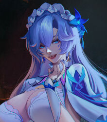 Rule 34 | 1girl, absurdres, blue eyes, blue flower, breasts, cantarella (wuthering waves), chromatic aberration, commentary, earrings, fingernails, flower, hair between eyes, hair flower, hair ornament, hand up, headdress, highres, jewelry, large breasts, licking lips, looking at viewer, nervi fd, open mouth, portrait, purple nails, shrug (clothing), solo, tongue, tongue out, white shrug, wuthering waves