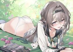 1girl ass black_hairband blush breasts collarbone commentary_request condom condom_wrapper crossed_bangs embarrassed firefly_(honkai:_star_rail) firefly_(spring_missive)_(honkai:_star_rail) grey_hair grey_skirt hair_between_eyes hairband heart heart-shaped_pupils highres honkai:_star_rail honkai_(series) kurotsuki_machi large_breasts long_hair looking_at_viewer lying miniskirt nipples on_stomach open_mouth outdoors panties plaid_clothes plaid_skirt pleated_skirt purple_eyes rolling_eyes skirt sweat symbol-shaped_pupils thighhighs tongue tongue_out underwear unworn_skirt white_panties white_thighhighs