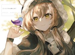1girl animal_ears arknights bird bird_on_hand black_capelet brown_hair capelet fumi_(rdbm) fur-trimmed_hood fur_trim honeyberry_(arknights) hood hood_up hooded_capelet infection_monitor_(arknights) light_smile low_twintails solo squirrel_ears squirrel_girl twintails yellow_eyes
