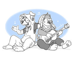 2boys animal_crossing animal_ears artist_name bodi_(rock_dog) closed_eyes commentary dog_boy dog_ears dog_nose dog_tail earrings eclipticafusion english_commentary furry furry_male hood hood_up hooded_jacket jacket jewelry k.k._slider_(animal_crossing) looking_at_another male_focus monochrome multiple_boys music musical_note nintendo partially_colored pawpads playing_guitar playing_instrument rock_dog singing sitting sleeveless sleeveless_jacket smile tail tail_wagging white_jacket yaoi