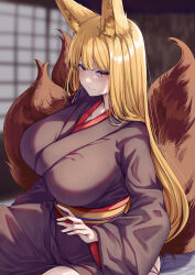 1girl absurdres animal_ear_fluff animal_ears blonde_hair blurry breasts commentary_request depth_of_field fox_ears fox_girl fox_tail highres huge_breasts indoors japanese_clothes kimono kitsune kyuubi long_hair looking_at_viewer mirufui multiple_tails obi original sash sitting solo tail