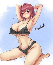 1girl agodashi alternate_costume arm_behind_head bikini black_bikini frilled_bikini frills hair_intakes highres kantai_collection kinu_(kancolle) kneeling multi-strapped_bikini_bottom one-hour_drawing_challenge red_eyes red_hair short_hair solo swimsuit twitter_username