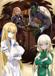 Rule 34 | 1boy, 3girls, armor, asanagi, ascot, bash (orc eiyuu monogatari), black hair, blonde hair, blue eyes, braid, breastplate, breasts, chain, chain around neck, colored skin, commentary, cover, cover image, cover page, crossed arms, dress, elbow gloves, elf, gloves, gold chain, green dress, green eyes, green skin, half up braid, highres, janna (orc eiyuu monogatari), judith hoplons, large breasts, long hair, multiple girls, novel cover, official art, orc, orc eiyuu monogatari, pauldrons, pointy ears, scar, scar on face, shirt, shoulder armor, tankard, thunder sonia, tusks, very long hair, white dress, white shirt