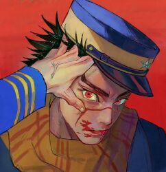 2boys absurdres black_hair blood blood_on_face blue_coat coat commentary_request golden_kamuy hand_on_another&#039;s_face hat highres long_sleeves looking_at_another male_focus multiple_boys myqqroom ogata_hyakunosuke out_of_frame outstretched_arm red_background red_eyes scar scar_on_face scarf short_hair simple_background solo_focus spiked_hair star_(sky) staring sugimoto_saichi thick_eyebrows upper_body veins veiny_hands yellow_scarf