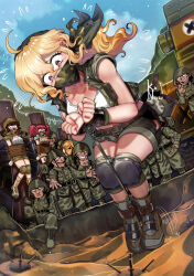 3girls 6+boys bandana bdsm black_panties blonde_hair bondage boots bound bound_ankles bound_arms brown_eyes brown_hair captured day defeat explosive fio_germi gagged green_vest highres hip_vent imminent_death kaneeru kasamoto_eri knee_pads metal_slug military_uniform mine_(weapon) multiple_boys multiple_girls nadia_cassel outdoors panties panty_peek peril prisoner_of_war_(metal_slug) rebel_soldier_(metal_slug) red_hair sand shorts snk underwear variant_set vest