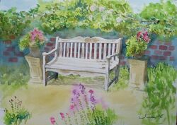 bench brick_wall bush column flower highres monsisiro411823 no_humans original painting_(medium) park pillar pink_flower plant potted_plant purple_flower traditional_media watercolor_(medium) wooden_bench