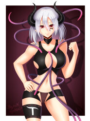 Rule 34 | 1girl, absurdres, artist name, black horns, blacksaikou, bondage outfit, breasts, chaos (xenomic), closed mouth, commentary, commission, contrapposto, cowboy shot, demon girl, demon horns, english commentary, facial mark, hair between eyes, hand on own hip, highres, horns, large breasts, long bangs, looking at viewer, medium hair, navel, original, pointy ears, purple background, red eyes, revealing clothes, smile, solo, touhou fantasy, two-tone background, white background