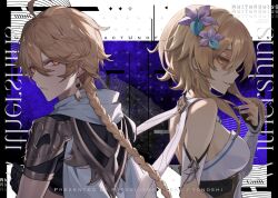 1boy 1girl aether_(genshin_impact) ahoge asagizuisen bare_shoulders black_gloves blonde_hair braid breasts brother_and_sister closed_mouth earrings genshin_impact gloves hair_between_eyes hair_ornament highres jewelry long_hair long_sleeves looking_at_viewer lumine_(genshin_impact) shirt short_hair siblings smile tagme twins yellow_eyes