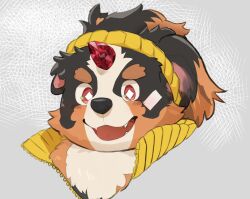 1boy animal_ears black_fur blush brown_fur carbuncle_(housamo) commentary_request dog-boy dog_ears dog_nose floppy_ears furry furry_male gem headband highres jacket kosenaityakosi looking_at_viewer male_focus multicolored_fur open_mouth smile tokyo_houkago_summoners upper_body white_fur yellow_headband yellow_jacket