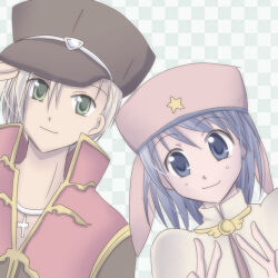 1boy 1girl acolyte_(ragnarok_online) blue_eyes blue_hair capelet checkered_background closed_mouth coat commentary_request cross cross_necklace dated_commentary gold_trim green_background green_eyes hat hat_ornament jewelry looking_at_viewer lowres necklace pink_hat priest_(ragnarok_online) ragnarok_online red_coat sharari short_hair smile star_(symbol) star_hat_ornament upper_body white_background white_capelet