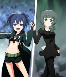 1/3_(22335) 2girls belt black_coat black_dress black_gloves black_leggings black_rock_shooter black_rock_shooter_(character) black_rock_shooter_(character)_(cosplay) black_shorts blue_eyes blue_hair coat cosplay dead_master dead_master_(cosplay) dress friends gloves green_eyes grey_hair kuroi_mato leggings medium_hair multiple_girls open_clothes open_coat short_dress short_hair short_twintails shorts takanashi_yomi twintails