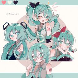 Rule 34 | 4girls, :c, :o, bare shoulders, black-framed eyewear, black bow, black sleeves, blue necktie, blush, bow, braid, closed mouth, collared shirt, cropped torso, detached sleeves, earrings, finger to cheek, floating hair, floating headgear, food-themed hair ornament, frilled shirt, frills, glasses, grey shirt, hair between eyes, hair bow, hair ornament, hairclip, hands on own cheeks, hands on own face, hatsune miku, heart, high ponytail, highres, index finger raised, jewelry, letterboxed, long hair, long sleeves, looking at viewer, maca1227, multiple girls, multiple persona, necktie, number tattoo, one eye closed, open mouth, outside border, ponytail, round eyewear, shirt, sidelocks, sleeveless, sleeveless shirt, smile, spring onion hair ornament, straight hair, tattoo, teeth, tie clip, twin braids, upper teeth only, vocaloid, white background, x hair ornament
