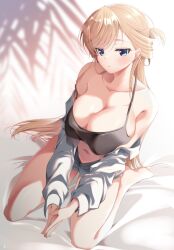 1girl araragi_ayune bare_legs bare_shoulders barefoot black_bra blonde_hair blue_eyes bra breasts cleavage clothes_down collarbone commentary_request dress_shirt full_body isshiki-san_wa_koi_wo_shiritai. kneeling large_breasts long_hair long_sleeves navel own_hands_together rinna_milford shirt solo sweat underwear white_shirt
