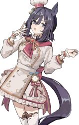 1girl :o animal_ears apron arm_at_side black_hair blush bow bowtie brown_apron brown_bow brown_bowtie buttons chef chef_hat commentary_request cowboy_shot double-breasted double-parted_bangs dress eishin_flash_(collect_chocolatier)_(umamusume) eishin_flash_(umamusume) fresh_water_class_(monster_musume) frilled_dress frills hair_between_eyes hair_ornament hairclip hat highres horse_ears horse_girl horse_tail kiri_riri long_sleeves looking_at_viewer medium_hair mini_chef_hat mini_hat neckerchief official_alternate_costume official_alternate_hairstyle open_mouth pocket_watch ponytail red_neckerchief short_dress short_ponytail simple_background solo tail thighhighs tilted_headwear umamusume watch white_background white_dress white_hat white_thighhighs