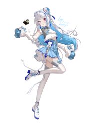 1girl absurdres ayesha618 blue_hair blunt_bangs bow braid character_name china_dress chinese_clothes clothing_cutout double_bun dress hair_bow hair_bun hair_ornament highres lize_helesta lize_helesta_(11th_costume) long_sleeves looking_at_viewer midriff multicolored_hair nijisanji purple_eyes sebastian_piyodore shoulder_cutout simple_background sleeves_past_fingers sleeves_past_wrists smile solo standing standing_on_one_leg streaked_hair tachi-e tassel tassel_hair_ornament thighhighs thighs twin_braids virtual_youtuber white_background white_hair white_thighhighs