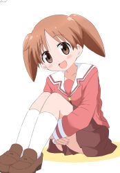 Rule 34 | 1girl, absurdres, azumanga daiou, blush stickers, brown eyes, brown hair, brown shoes, cynical (llcbluckg c004), dot nose, highres, knees up, loafers, looking at viewer, mihama chiyo, open mouth, pink shirt, pleated skirt, sailor collar, school uniform, shirt, shoes, sitting, skirt, socks, solo, twintails, white sailor collar, white socks