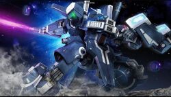 Rule 34 | asteroid, battle, blue eyes, copyright logo, duel, dust cloud, energy sword, exposed internal machinery, gundam, gundam battle operation 2, gundam mk v, gundam sentinel, machinery, mecha, mecha focus, mobile suit, no humans, official art, painting (medium), promotional art, realistic, robot, rock, scan, science fiction, shield, space, sunrise (company), sword, tenjin hidetaka, thrusters, traditional media, v-fin, weapon