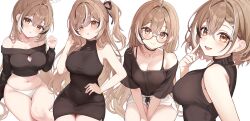 1girl absurdres ahoge alternate_costume bibixart black_dress breasts brown_eyes dress earrings feather_hair_ornament feathers glasses hair_ornament heart heart_necklace highleg highleg_panties highres hololive jewelry large_breasts long_hair looking_at_viewer multicolored_hair nanashi_mumei necklace off-shoulder_shirt off_shoulder panties ponytail pout shirt short_shorts shorts sleeveless sleeveless_turtleneck smile streaked_hair sweater turtleneck turtleneck_dress turtleneck_sweater two-tone_hair underwear very_long_hair virtual_youtuber white_panties