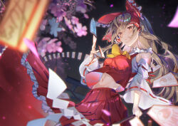 Rule 34 | 1girl, blurry, blush, bow, brown eyes, brown hair, depth of field, detached sleeves, artistic error, flower, frilled skirt, frills, hair bow, hakurei reimu, long hair, long sleeves, looking at viewer, midriff, mizurapi, navel, open mouth, pink flower, red bow, red skirt, skirt, solo, talisman, touhou, wide sleeves, wrong hand