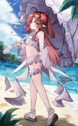 1girl ahoge arknights beach bikini blush bracelet breasts earrings eyewear_on_head flower flower_bracelet frilled_bikini frills full_body glasses gold_earrings green_eyes hair_flower hair_ornament heart heart-shaped_eyewear heart_earrings highres holding holding_umbrella jewelry kari90909 long_hair looking_at_viewer myrtle_(arknights) myrtle_(summer_flowers)_(arknights) ocean official_alternate_costume outdoors parasol pearl_anklet pointy_ears red_hair sandals small_breasts solo standing sunglasses swimsuit thigh_strap tongue tongue_out two_side_up umbrella white_bikini