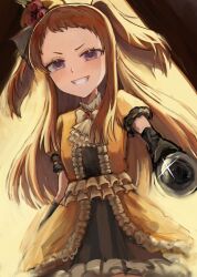1girl arm_at_side artist_request breasts brown_hair chest_jewel child clenched_hand clenched_teeth dress elbow_gloves evil_smile eyelashes fang female_focus hair_flower forehead frilled_dress frills gloves grin hair_ornament highres idol idolmaster idolmaster_cinderella_girls koseki_reina long_hair looking_at_viewer microphone namco neck neckerchief official_alternate_hairstyle outstretched_hand purple_eyes short_bangs short_sleeves sidelocks small_breasts smile stage_lights standing teeth twintails v-shaped_eyebrows yellow_dress