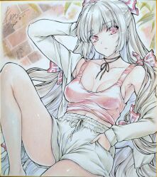 1girl absurdres arm_behind_head black_ribbon bow breasts choker collarbone colored_pencil_(medium) commentary_request fujiwara_no_mokou hair_bow hand_in_pocket highres jacket long_hair long_sleeves looking_at_viewer monety multiple_hair_bows open_clothes open_jacket pink_eyes pink_tank_top ribbon ribbon_choker shorts solo tank_top touhou traditional_media very_long_hair white_hair white_jacket white_shorts
