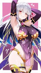 1girl absurdres armor bamboo_tac bare_shoulders bikini_armor blush breasts collar dress earrings fate/grand_order fate_(series) hair_ribbon highres jewelry kama_(fate) kama_(second_ascension)_(fate) large_breasts long_hair looking_at_viewer metal_collar pelvic_curtain red_eyes ribbon smile solo thighhighs thighlet thighs white_hair