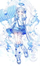 1girl absurdres ahoge bloomers blue_eyes blue_hair blue_socks blush bow closed_mouth cute_weapon detached_hair eyewear_on_head frilled_sleeves frills full_body gradient_hair halo hammer heart highres holding holding_hammer holding_weapon huge_weapon jacket kneehighs leg_warmers light_frown long_hair looking_at_viewer mirror multicolored_hair noyu_(noyu23386566) original shoes sleeves_past_fingers sleeves_past_wrists socks solo standing toy_hammer underwear very_long_hair watermark weapon white_background white_bloomers white_bow white_hair white_jacket white_leg_warmers white_shoes white_wings wings