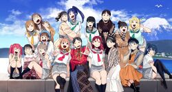 6+girls absurdres ahoge aida_rikako blonde_hair blue_hair blue_sky bow brown_eyes brown_hair closed_eyes cloud cloudy_sky everyone furihata_ai hair_bow hairband hands_on_own_face highres hug inami_anju kobayashi_aika komiya_arisa kunikida_hanamaru kurosawa_dia kurosawa_ruby laughing long_hair looking_at_viewer love_live! love_live!_sunshine!! matsuura_kanan medium_hair mountain multiple_girls ohara_mari okpriko open_mouth orange_hair outdoors pink_eyes ponytail purple_eyes real_life red_hair saitou_shuka sakurauchi_riko school_uniform shoes skirt sky smile socks squatting suwa_nanaka suzuki_aina_(voice_actor) takami_chika takatsuki_kanako tsushima_yoshiko uranohoshi_school_uniform voice_actor watanabe_you waving yellow_eyes