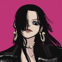 1girl boa_hancock closed_mouth earrings hair_over_one_eye highres itstheenami jewelry long_hair looking_at_viewer one_piece pink_background sidelocks simple_background snake_earrings solo upper_body