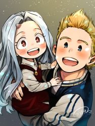 1boy 1girl :d artist_name blonde_hair blue_eyes blue_hair blue_stripes blush blush_stickers boku_no_hero_academia carrying carrying_person child child_carry collared_shirt cowlick double_vertical_stripe dress dress_shirt ear_blush eri_(boku_no_hero_academia) forehead gradient_background hand_on_another&#039;s_back hands_on_another&#039;s_chest happy highres horns hug jacket light_blue_hair long_hair looking_at_viewer mullet no_sclera open_mouth pinafore_dress raised_eyebrows rechain red_dress red_eyes shirt sidelocks signature single_horn sitting_on_arm sleeveless sleeveless_dress smile teeth togata_mirio upper_body upper_teeth_only white_shirt