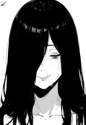 1girl absurdres bags_under_eyes closed_eyes closed_mouth collarbone commentary crying english_commentary ghost_girl greyscale hair_over_one_eye highres long_hair lughost monochrome scar scar_on_face scar_on_mouth signature simple_background smile solo streaming_tears tears the_ring upper_body white_background yamamura_sadako