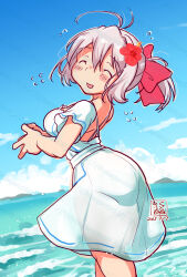 Rule 34 | 1girl, alternate costume, antenna hair, aoba (kancolle), artist logo, blue sky, closed eyes, cloud, dated, day, dress, feet out of frame, flower, hair flower, hair ornament, highres, horizon, kantai collection, kutone shirika, logo, ocean, outdoors, ponytail, purple hair, short hair, sky, solo, steepled fingers, waves, white dress