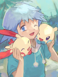 1boy ;d ^_^ absurdres blue_eyes blue_hair blue_hoodie closed_eyes drawstring gen_3_pokemon hands_up happy highres hood hood_down hoodie light_blue_hair male_focus maumaujanken minun nintendo on_shoulder one_eye_closed open_mouth plusle pokemon pokemon:_destiny_deoxys pokemon_(anime) pokemon_(creature) pokemon_on_shoulder pokemon_rse_(anime) short_hair short_sleeves smile tory_lund upper_body