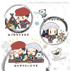 akari_(pokemon) arceus arrow_(symbol) bebe_0620 black_hair character-themed_food chibi chibi_only closed_eyes cooking cup cyndaquil drinking eating fire food gen_2_pokemon gen_4_pokemon gen_5_pokemon gen_7_pokemon hat leaf legendary_pokemon mythical_pokemon nintendo onigiri open_mouth oshawott pokemon pokemon_(creature) pokemon_legends:_arceus red_hat red_scarf rei_(pokemon) rowlet scarf sitting_on_log teapot translation_request yunomi
