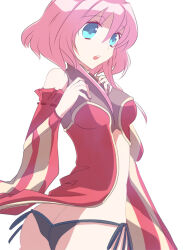 1girl adapted_costume ass black_panties blue_eyes breasts butt_crack commentary_request cowboy_shot detached_sleeves dress grey_dress looking_back medium_breasts oki_(okazu8) open_mouth panties pink_hair professor_(ragnarok_online) ragnarok_online red_dress red_sleeves side-tie_panties simple_background sleeveless sleeveless_dress solo striped_sleeves two-tone_dress underwear white_background yellow_sleeves