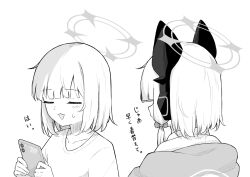 2girls animal_ear_headphones animal_ears blue_archive blunt_bangs blush bow cat_ear_headphones cat_ears cellphone closed_eyes collarbone commentary facing_another fake_animal_ears greyscale hair_bow halo headphones holding holding_phone jacket low-tied_sidelocks medium_hair midori_(blue_archive) millennium_science_school_logo momoi_(blue_archive) monochrome multiple_girls no_hair_bow open_mouth parted_bangs phone school_uniform shirt siblings sidelocks simple_background sisters smartphone smile sweatdrop t-shirt translation_request twins upper_body white_background yoimura
