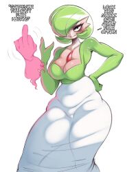 Rule 34 | 1girl, alternate eye color, armpit crease, bags under eyes, black eyes, blush, bob cut, breasts, collarbone, colored skin, constricted pupils, covered navel, disembodied hand, english text, female focus, gardevoir, gen 3 pokemon, green hair, green skin, hair over one eye, hand on own hip, hand up, happy, highres, looking at viewer, mature female, medium breasts, middle finger, motion lines, multicolored skin, nintendo, one eye covered, parted lips, plump, pokemon, pokemon (creature), profanity, saltyxodium, short hair, simple background, smile, solo, standing, talking, teeth, telekinesis, two-tone skin, v-shaped eyebrows, white background, white skin, wide hips