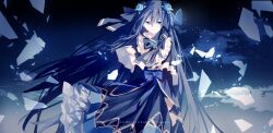Rule 34 | 1girl, absurdres, arcaea, black bow, black bowtie, black capelet, black hair, black ribbon, black skirt, blue flower, blue rose, bow, bow flower, bowtie, capelet, center frills, closed mouth, cloud, commentary, corset, english commentary, english text, expressionless, flower, frilled skirt, frills, glass shards, grey eyes, hair between eyes, hair ribbon, highres, long hair, long skirt, looking at viewer, maboroshi (freeze000), night, night sky, outdoors, pleated capelet, ribbon, rose, skirt, sky, solo, standing, tairitsu (arcaea), tairitsu (grievous lady) (arcaea), very long hair