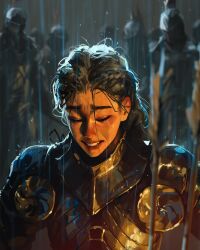 Rule 34 | 1girl, 6+others, armor, arrow (projectile), backlighting, black hair, blurry, blurry foreground, closed eyes, crying, faceless, facing viewer, helmet, highres, kneeling, knight, messy hair, multiple others, open mouth, original, people, rain, sam yang, upper body