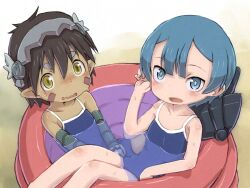 Rule 34 | 2boys, blue eyes, blue hair, blue one-piece swimsuit, blush, brown hair, crossdressing, feet out of frame, highres, looking at viewer, made in abyss, male focus, maruruk, mechanical arms, multiple boys, nose blush, one-piece swimsuit, open mouth, reg (made in abyss), short hair, sitting, swimsuit, thick eyebrows, trap, wading pool, ximu shilang, yellow eyes
